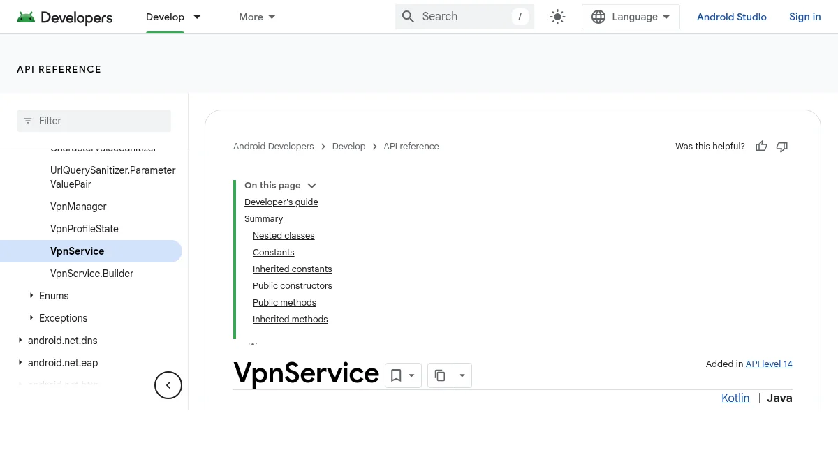 Почему Shadowsocks не работает в 2026 году: 8 причин и решения: изображение из источника Android Developers: VpnService