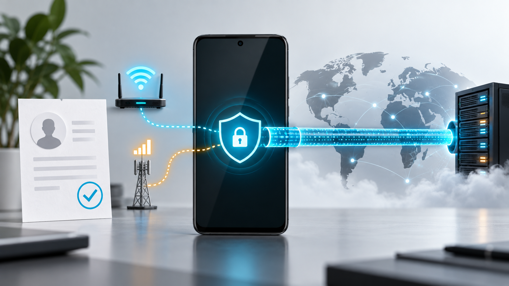 Телефон Android направляет трафик через локальный VPN-интерфейс приложения к серверу